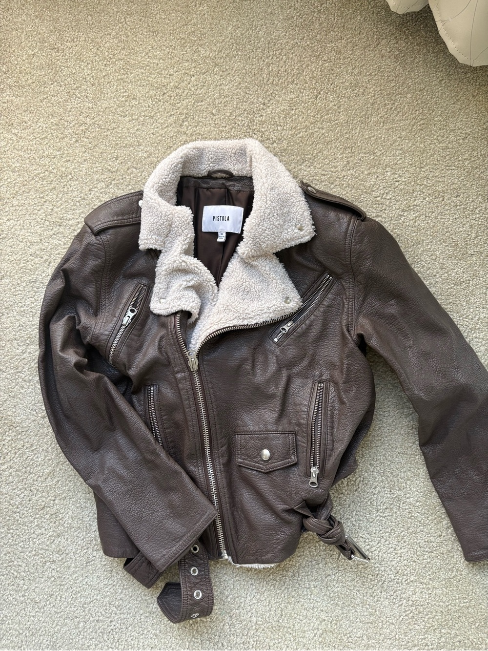 pistola chocolate brown faux-leather moto jacket with cream sherpa